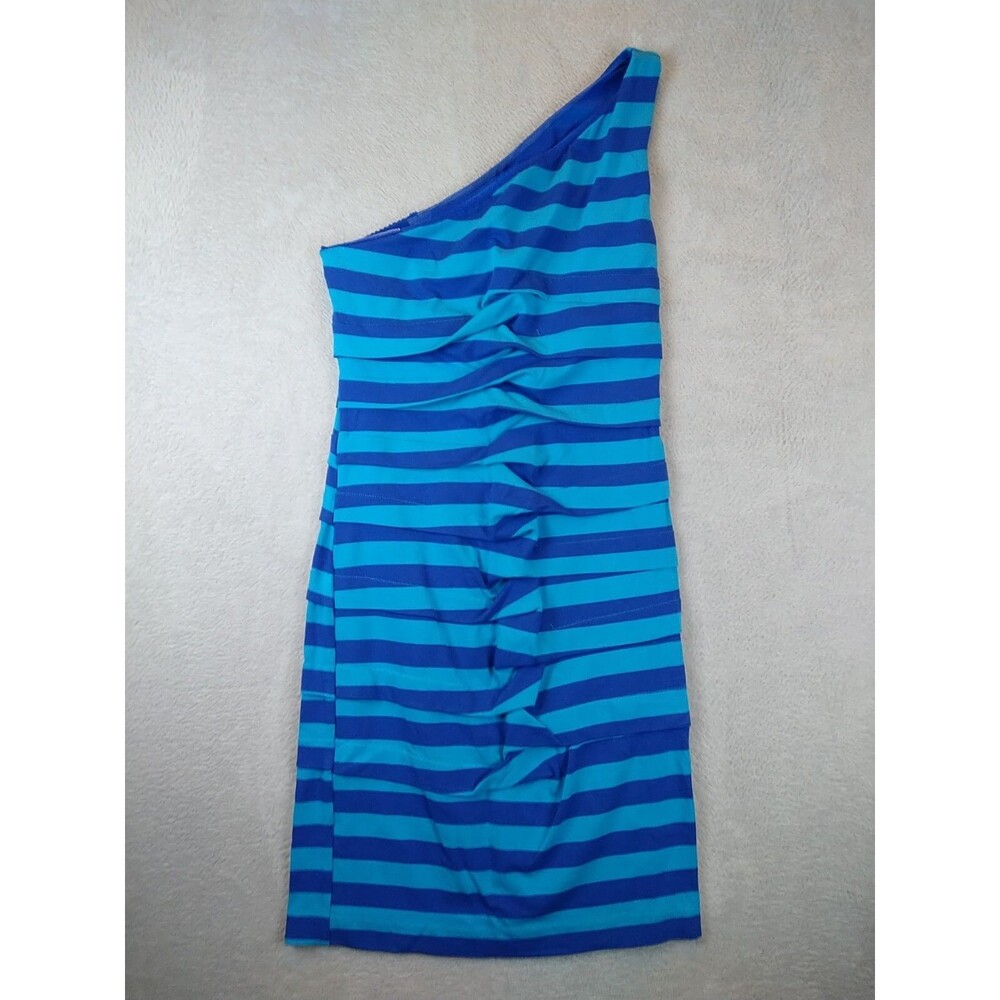 Artelier Nicole Miller Dress Women's Medium Blue One Shoulder Ruched Fitted Knee